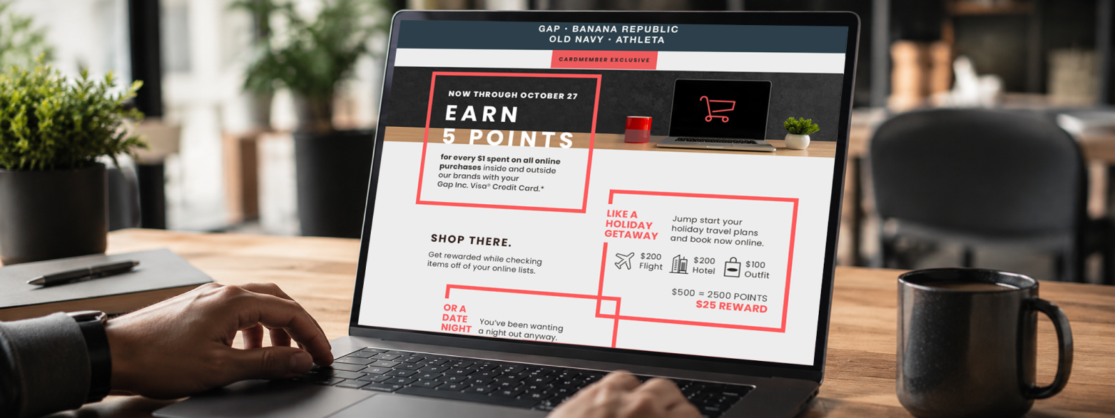 A laptop is sitting on a table top with a screen showing the offer for Gap Inc to earn 5 points for specific period of time.