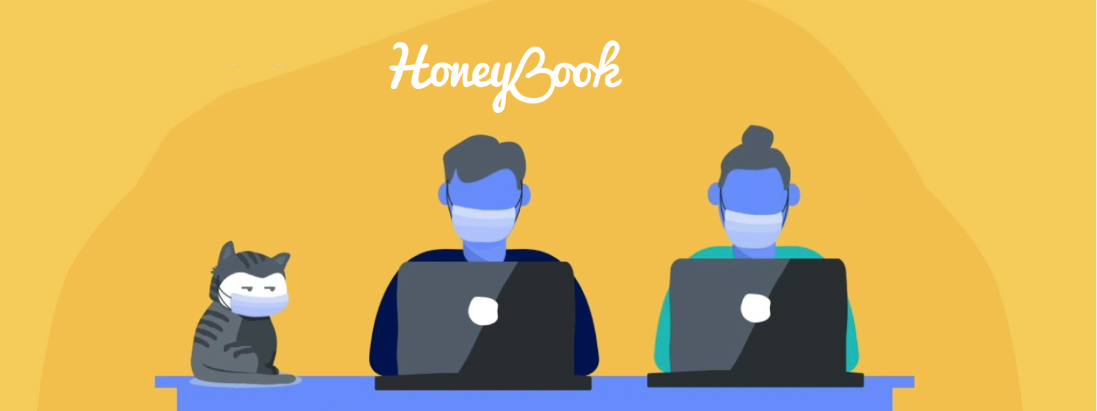 Honeybook hero - logo with illustrations of people sitting at computers