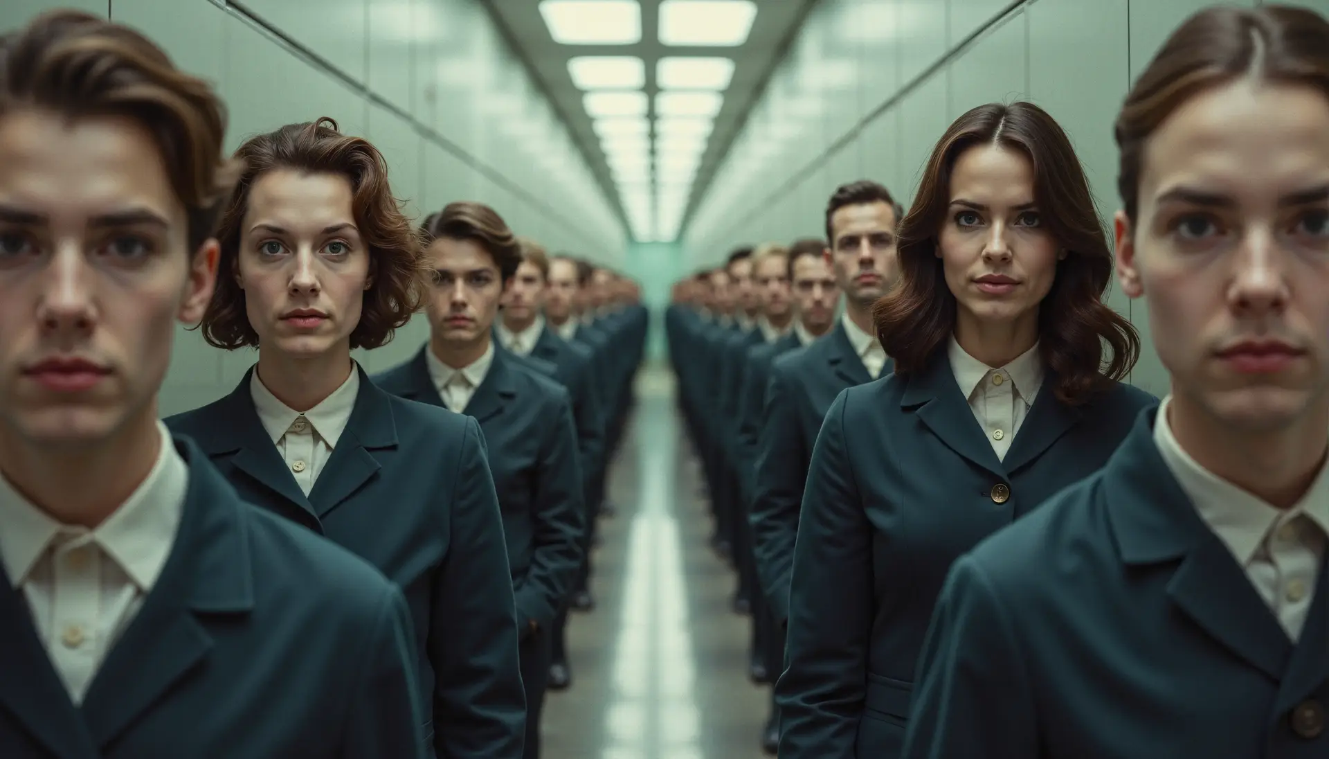 A surreal, dystopian scene featuring identical individuals wearing teal uniforms, lined up in perfect symmetry in a futuristic, sterile hallway. The people, with expressionless faces, appear as clones or members of a uniform society, evoking themes of conformity and control.