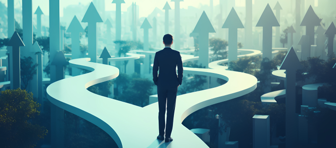 Navigating career paths in business growth urban landscape digital art futuristic atmosphere inspirational viewpoint personal development