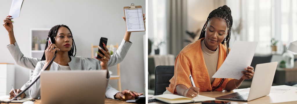 Side-by-side image of a professional multitasking with phone, laptop, and paperwork appearing overwhelmed, contrasted with a calm professional working thoughtfully at a desk, representing the difference between cognitive overload and focused productivity.