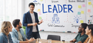 A man stands at the front of a meeting room presenting to a small group of colleagues seated around a table. Behind him, a whiteboard displays the word "LEADER" surrounded by illustrated traits including integrity, vision, positive attitude, communication, and inspiration. The team listens attentively in a casual, collaborative setting with laptops, notebooks, and coffee on the table.