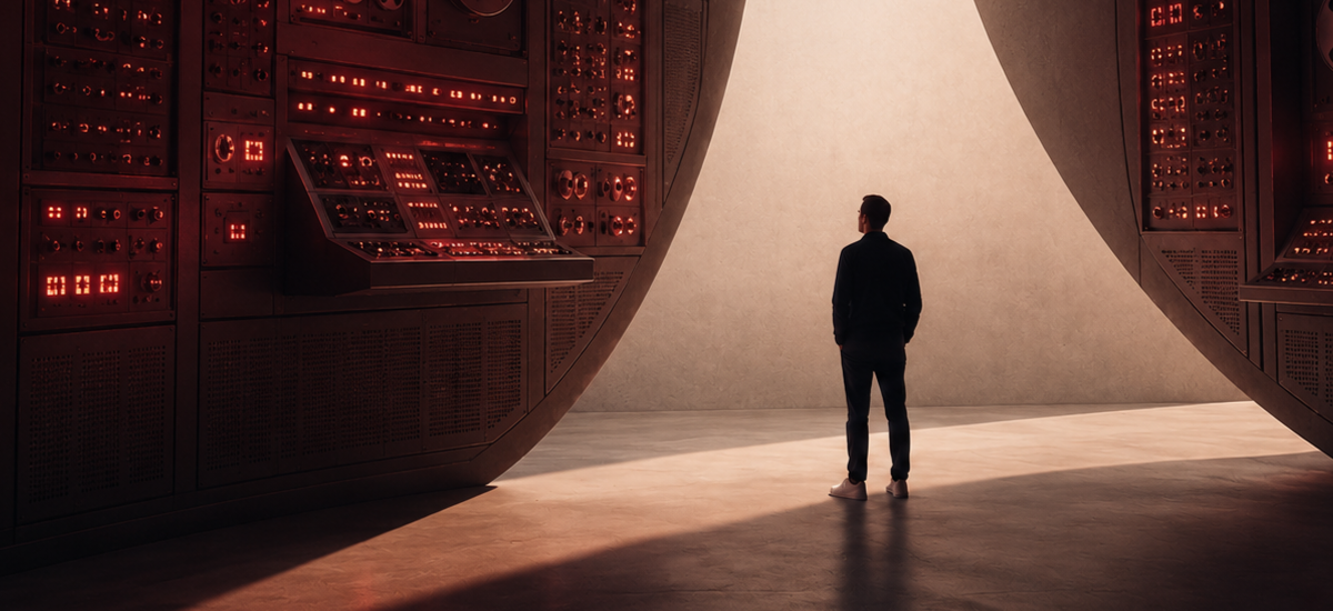 A lone figure stands in a dark, futuristic control-room-like space, framed by massive curved walls with glowing red panels, looking toward a bright opening of light in the distance.