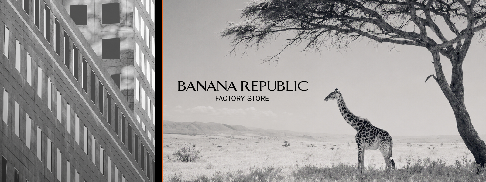 Image of a building on left third and the African wilderness on the right where a giraffe is standing in shade under a tree. The Banana Republic Factory Store logo is in the center overlaying the image.