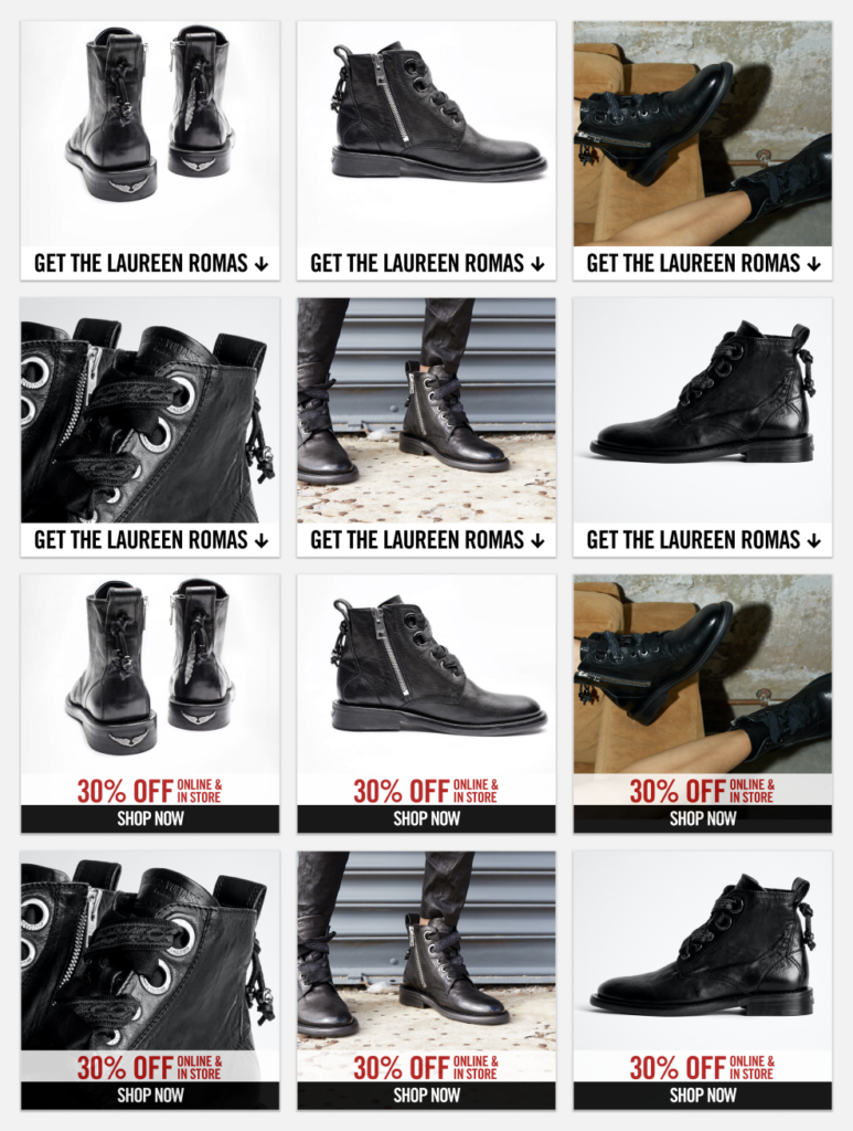 grid of 12 images showing a multi-variate test of different product images of the Laureen boot with buttons and some with no buttons/CTAs.